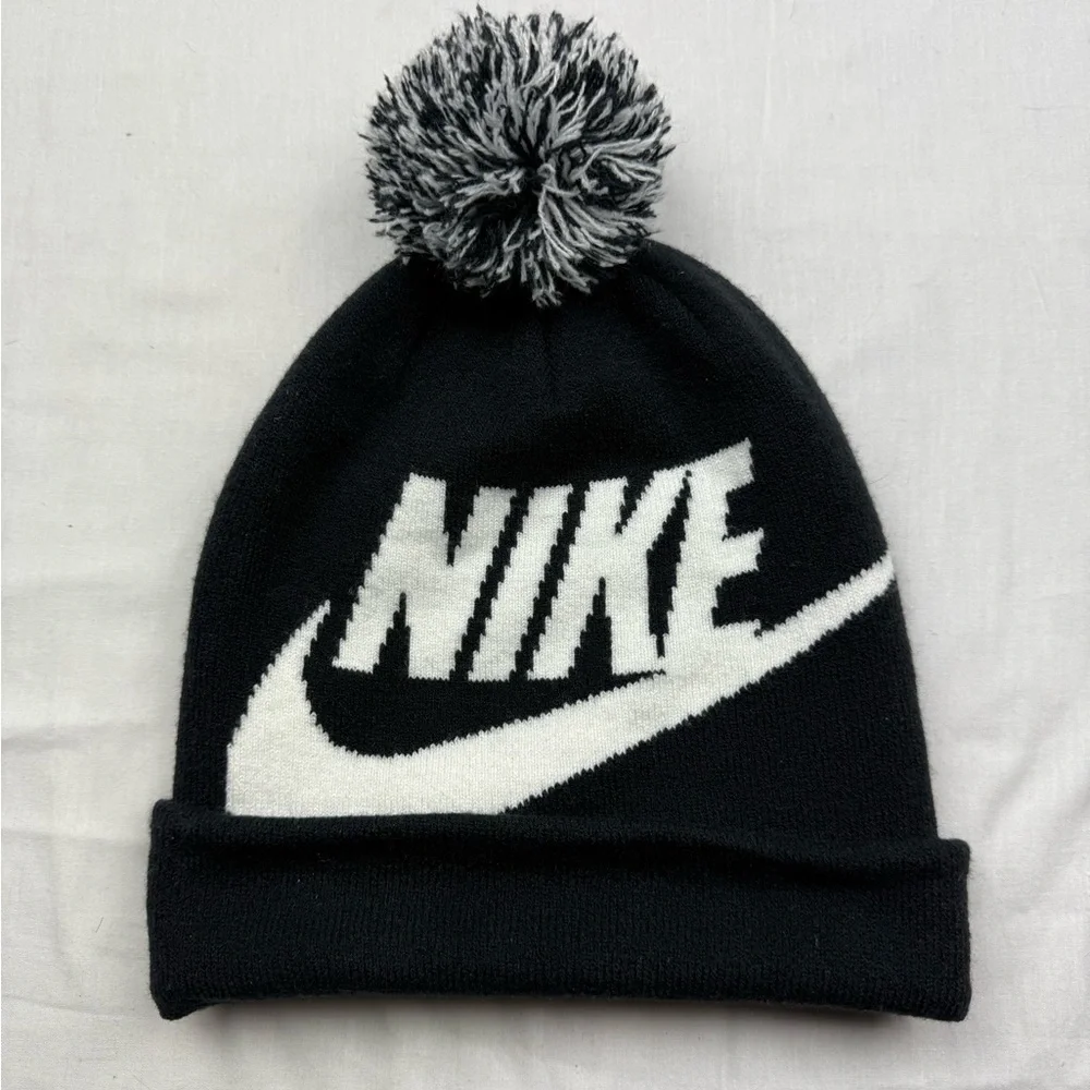 Nike Kids youth Black and White Pom-Pom Beanie